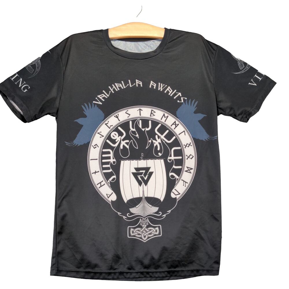 Viking Graphic T Shirt Mens Size M Black Valhalla Awaits Odin Huginn Muninn